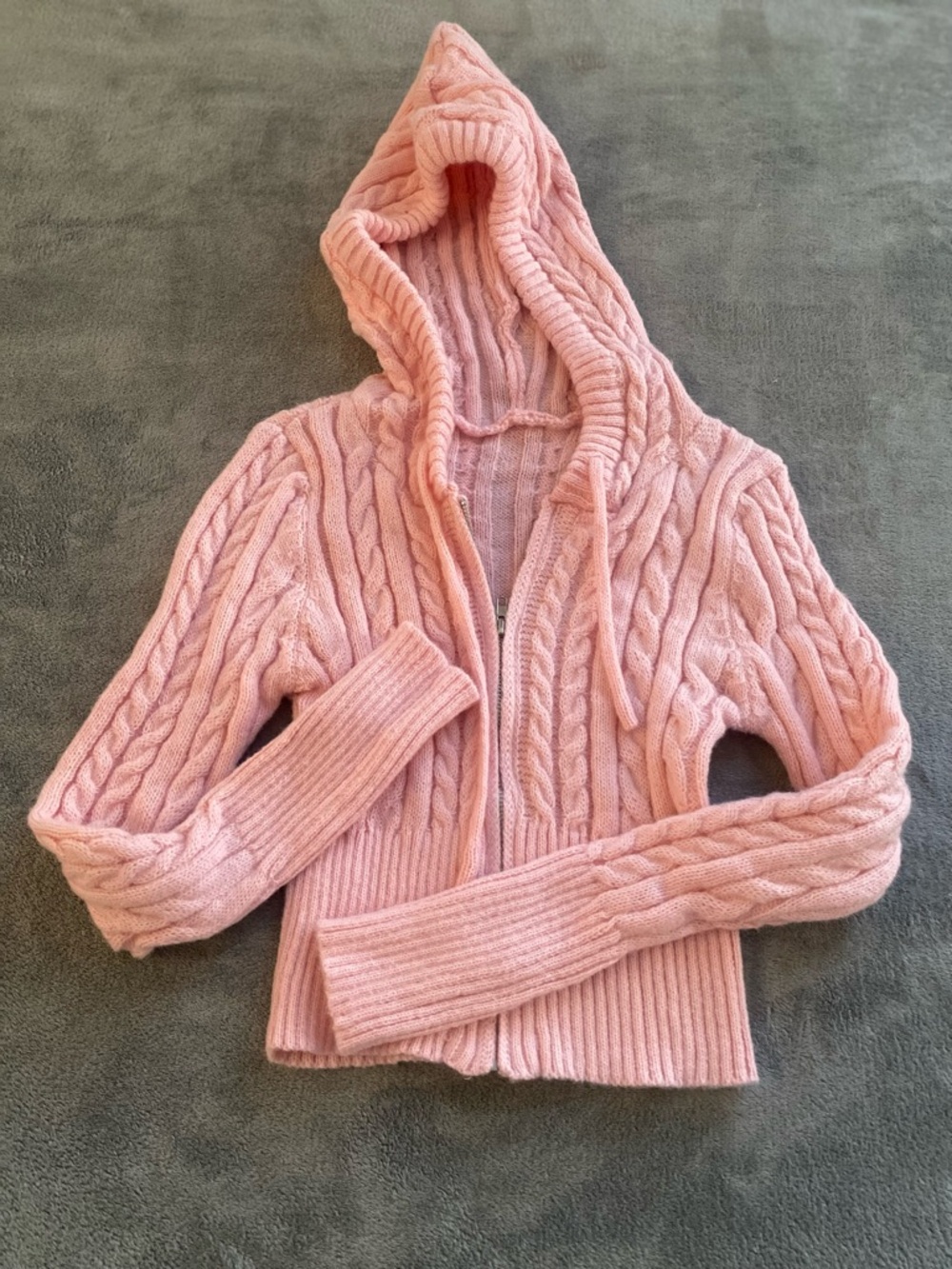 Pink Cable Knit Cropped Zip Hoodie Cardigan Small - Picture 10 of 14
